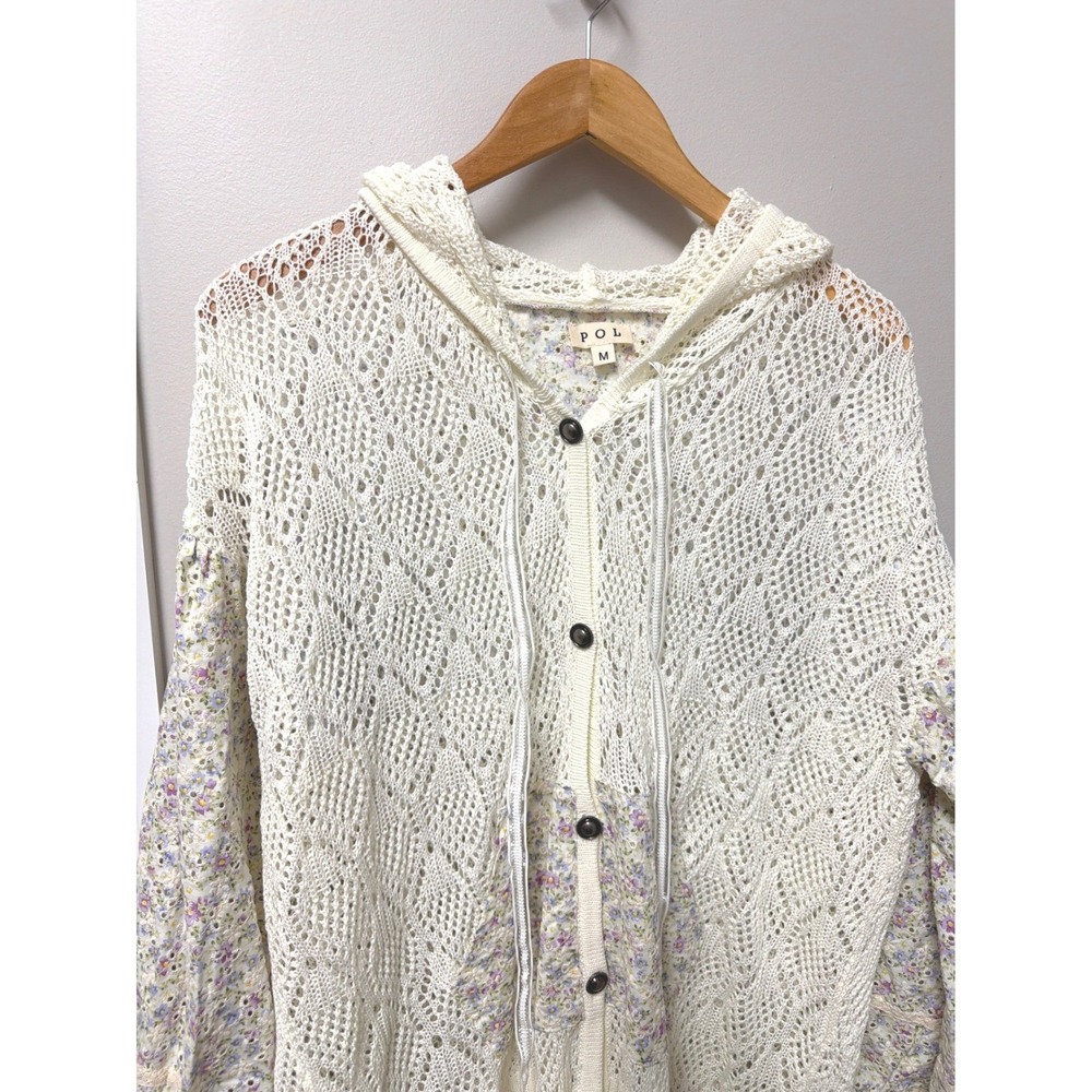 POL Crochet Knit Floral Puff Sleeve Hooded Cardigan Sweater Cream M Y2K Coquette - Picture 9 of 12